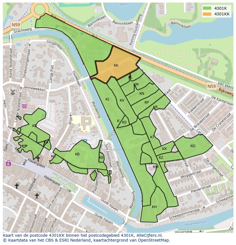 Afbeelding van het postcodegebied 4301 KK op de kaart.