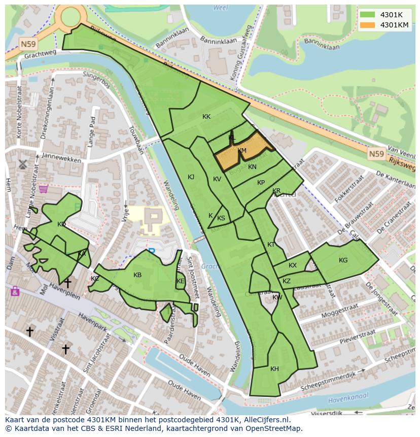 Afbeelding van het postcodegebied 4301 KM op de kaart.