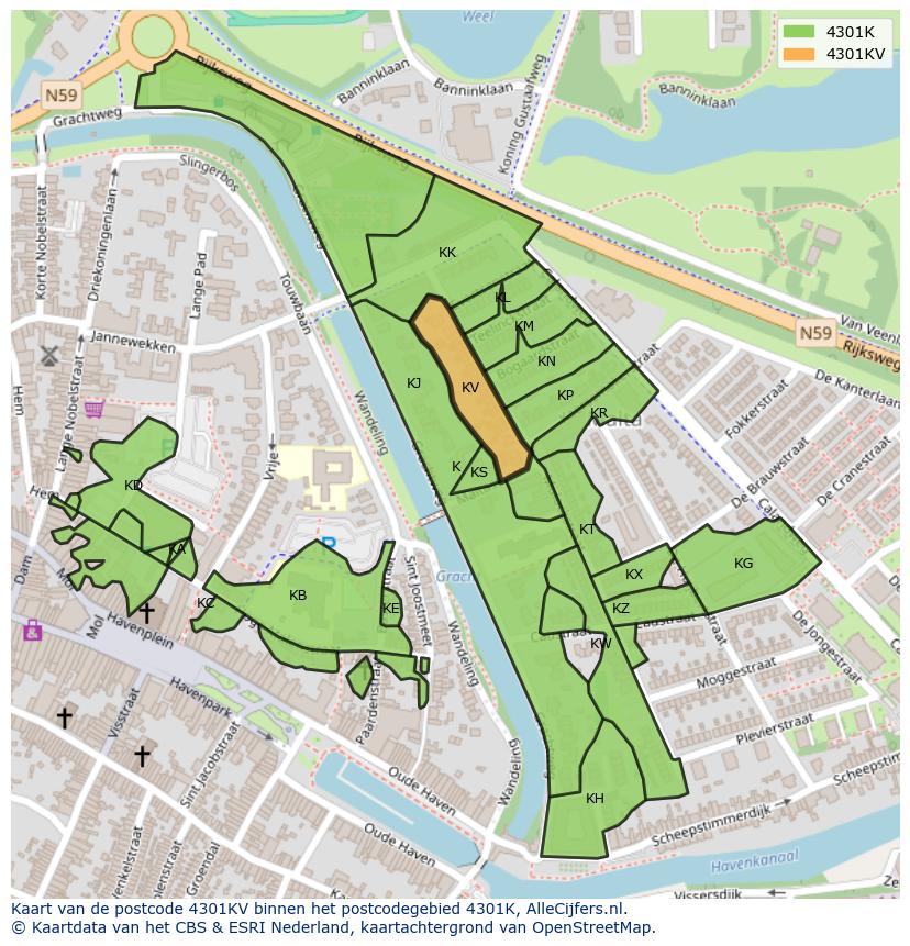 Afbeelding van het postcodegebied 4301 KV op de kaart.