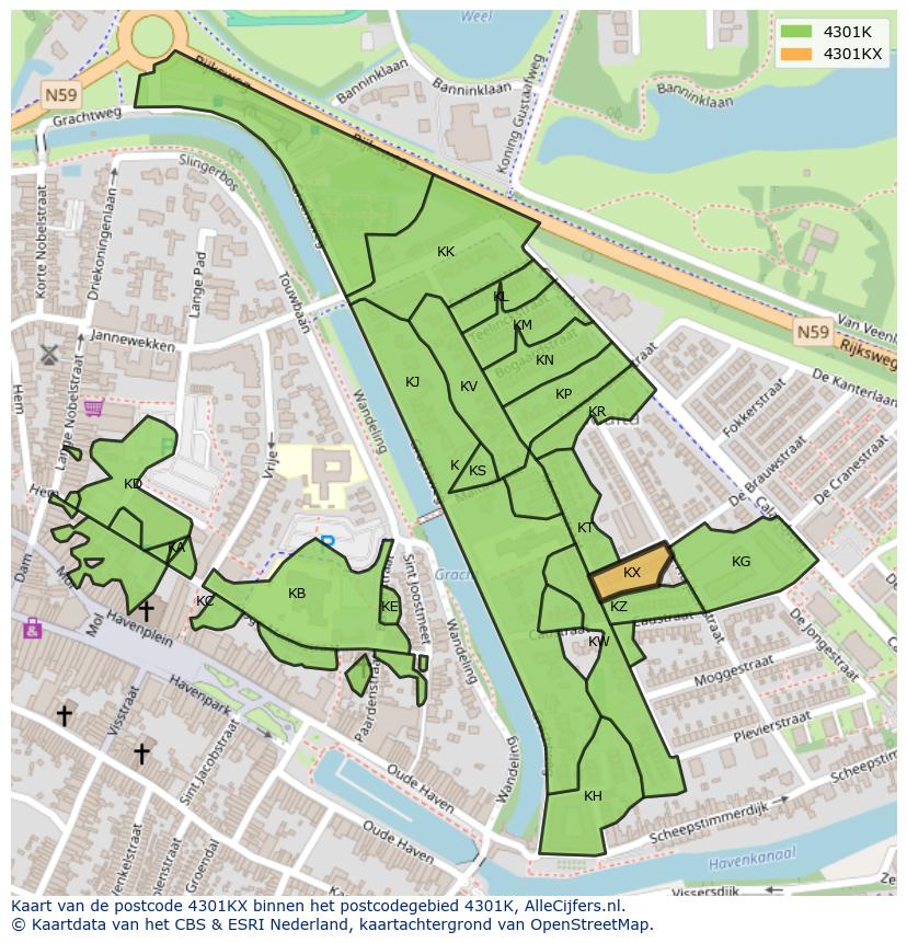 Afbeelding van het postcodegebied 4301 KX op de kaart.