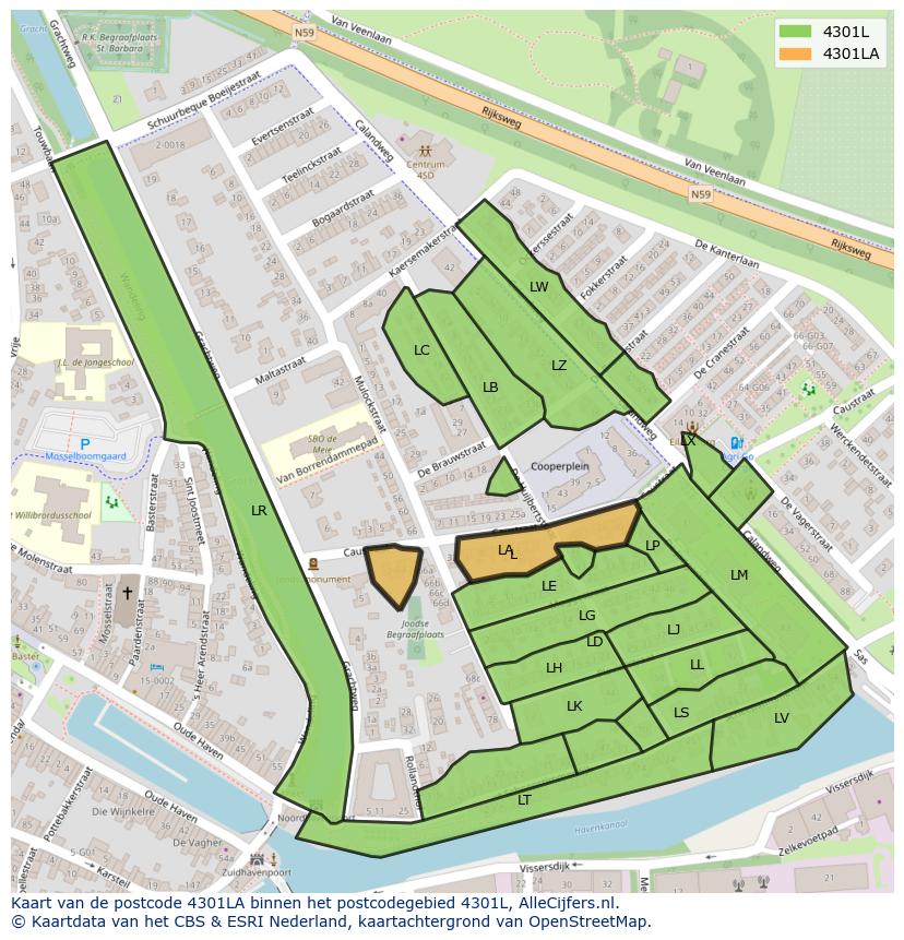 Afbeelding van het postcodegebied 4301 LA op de kaart.