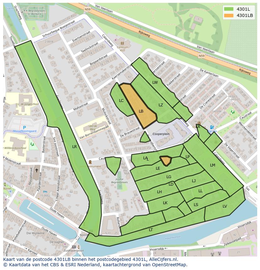 Afbeelding van het postcodegebied 4301 LB op de kaart.