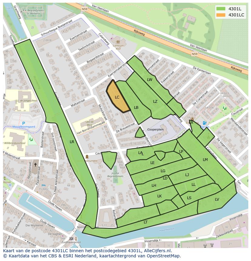 Afbeelding van het postcodegebied 4301 LC op de kaart.