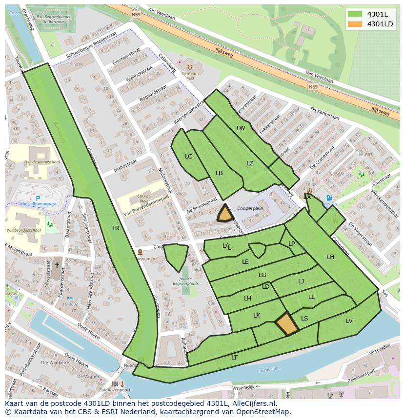 Afbeelding van het postcodegebied 4301 LD op de kaart.
