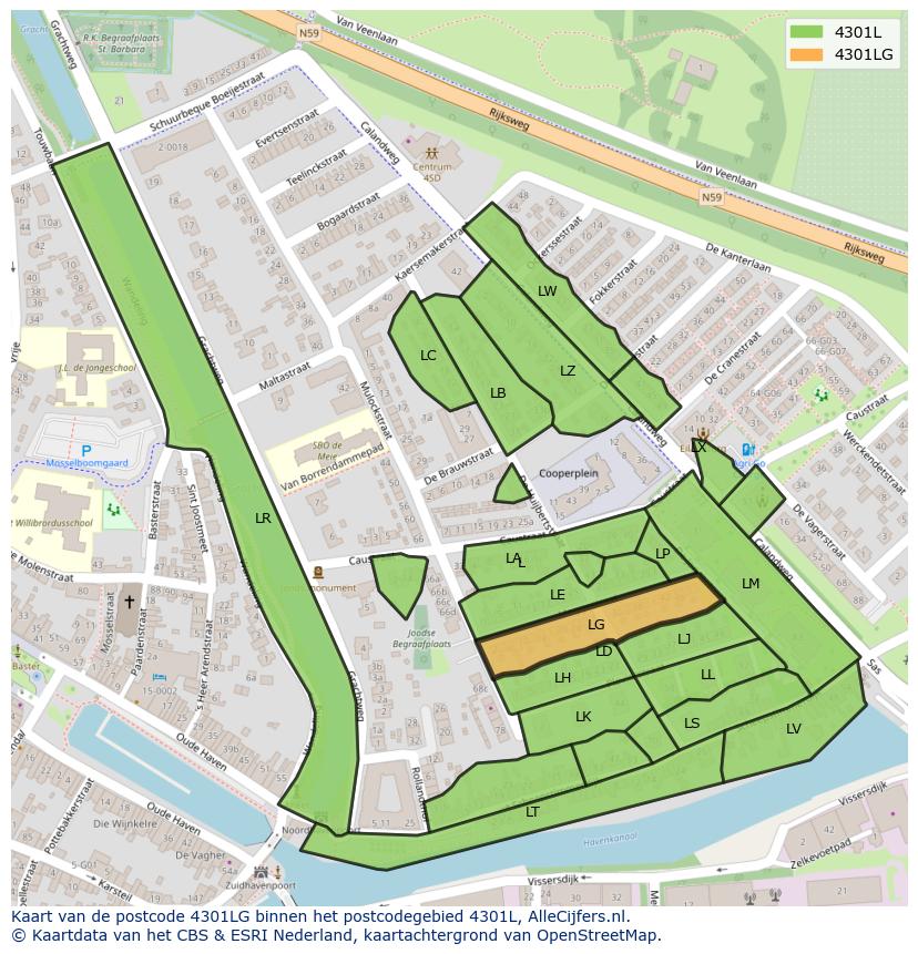 Afbeelding van het postcodegebied 4301 LG op de kaart.