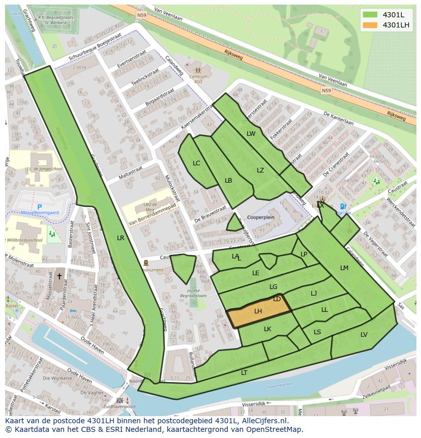 Afbeelding van het postcodegebied 4301 LH op de kaart.