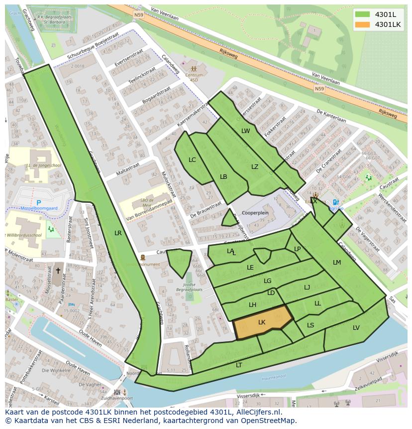 Afbeelding van het postcodegebied 4301 LK op de kaart.