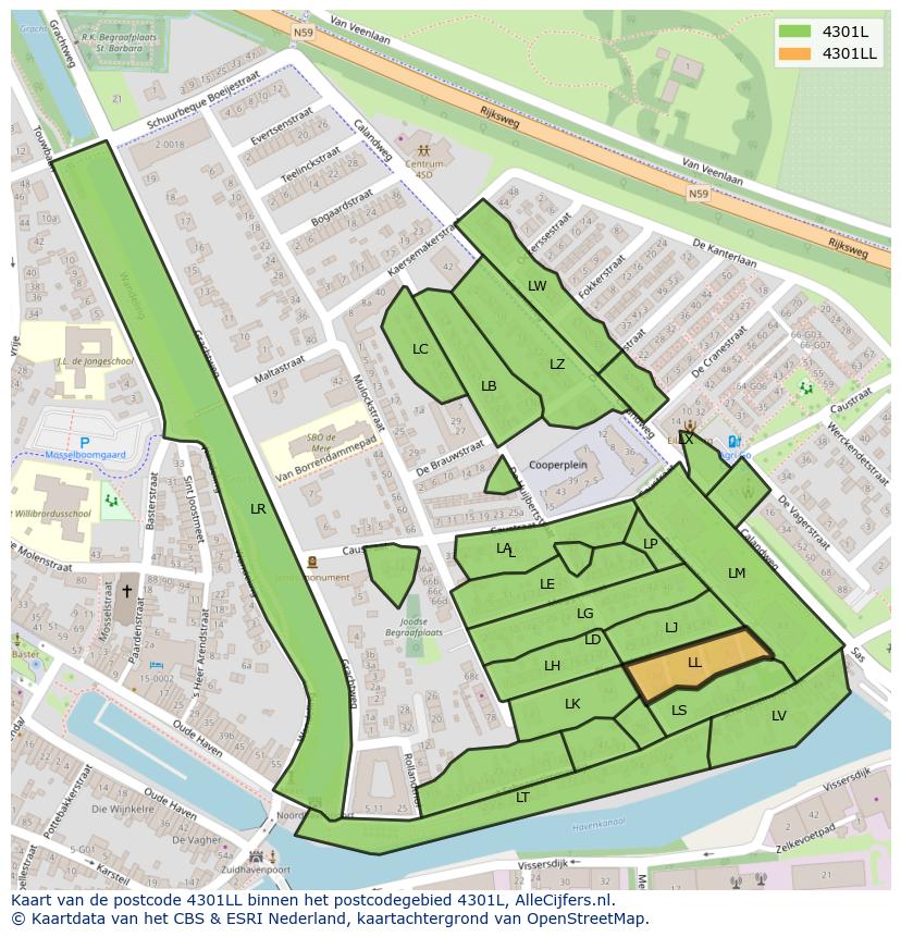 Afbeelding van het postcodegebied 4301 LL op de kaart.