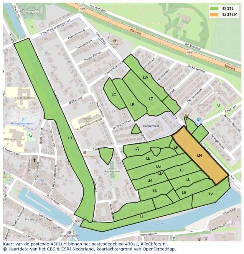 Afbeelding van het postcodegebied 4301 LM op de kaart.