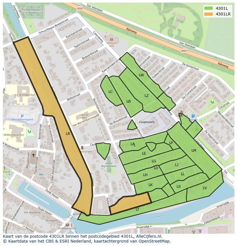 Afbeelding van het postcodegebied 4301 LR op de kaart.