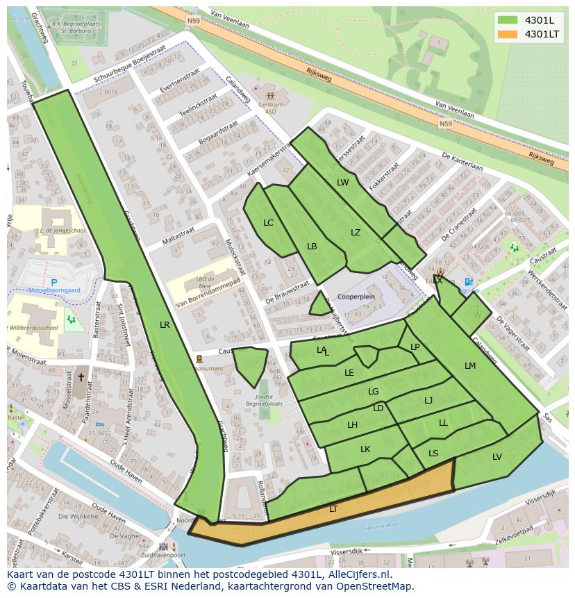 Afbeelding van het postcodegebied 4301 LT op de kaart.
