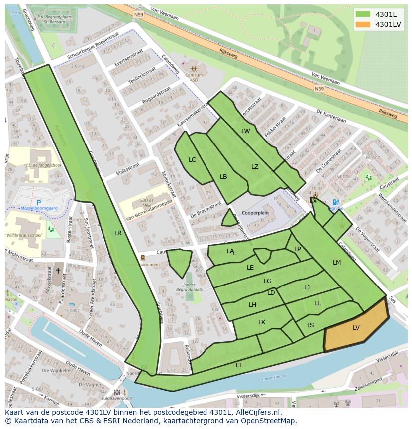 Afbeelding van het postcodegebied 4301 LV op de kaart.