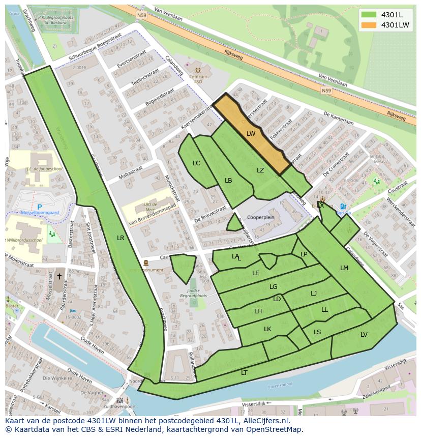 Afbeelding van het postcodegebied 4301 LW op de kaart.