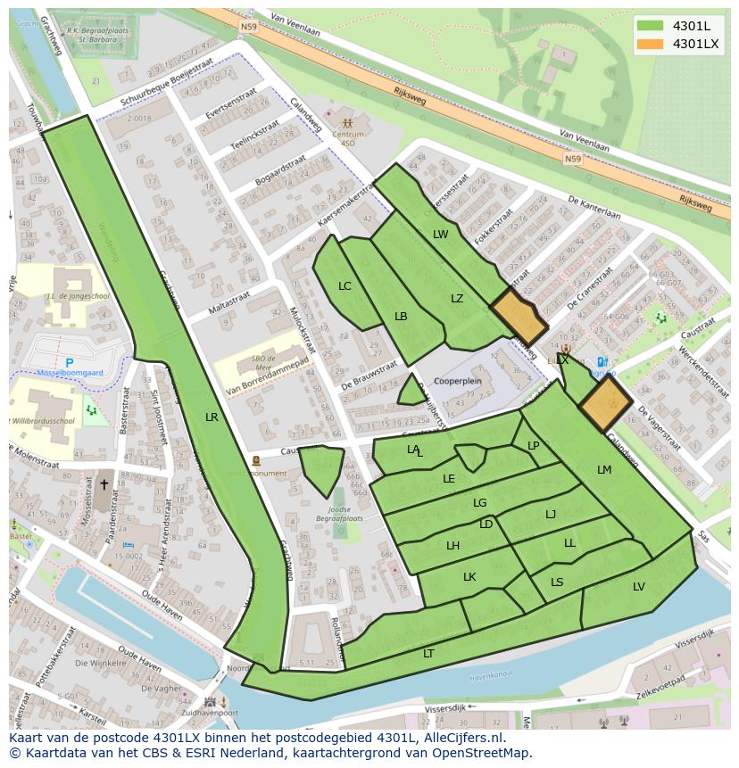 Afbeelding van het postcodegebied 4301 LX op de kaart.