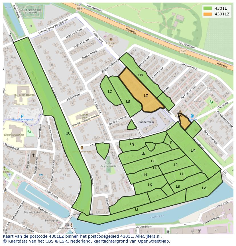 Afbeelding van het postcodegebied 4301 LZ op de kaart.