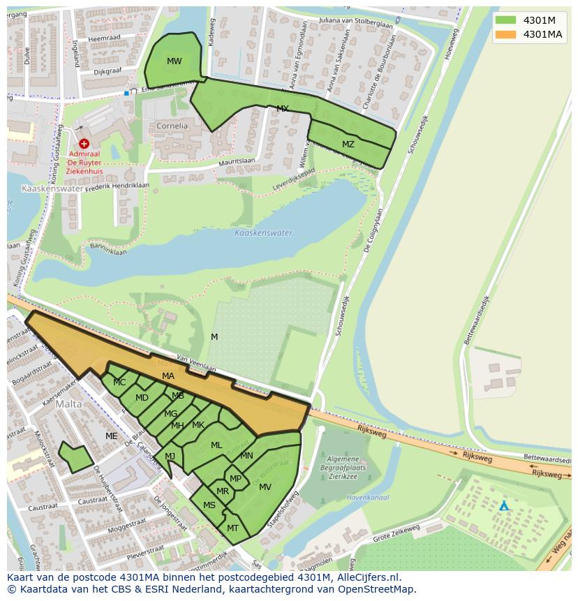 Afbeelding van het postcodegebied 4301 MA op de kaart.