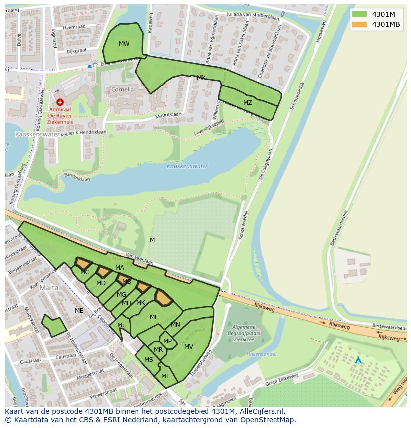 Afbeelding van het postcodegebied 4301 MB op de kaart.