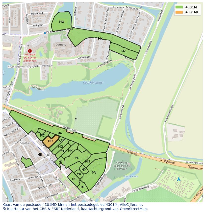 Afbeelding van het postcodegebied 4301 MD op de kaart.
