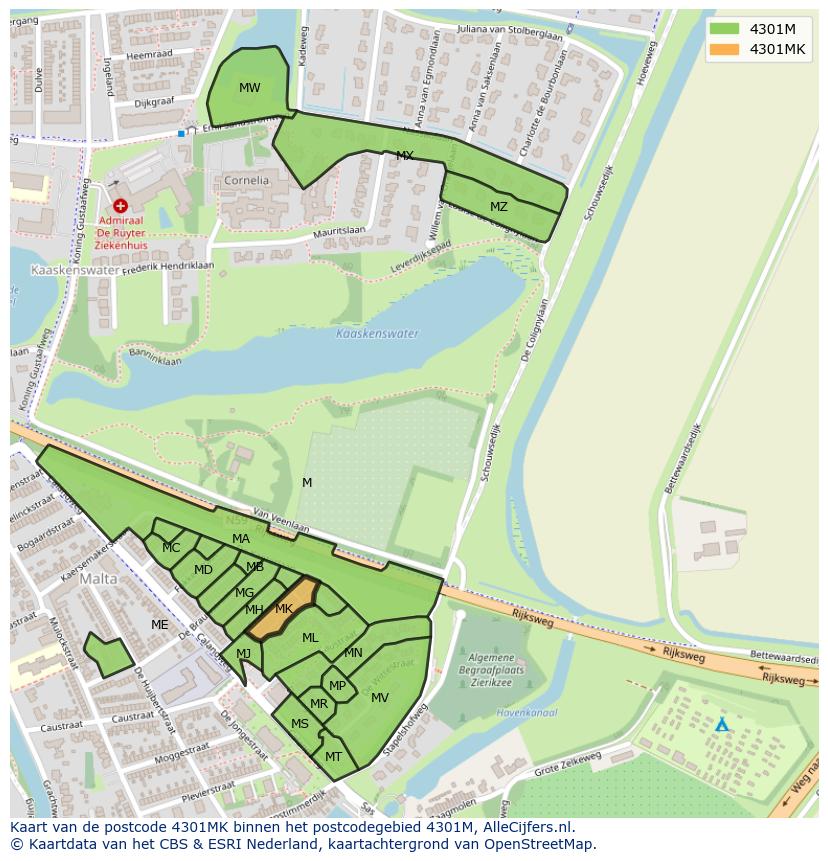 Afbeelding van het postcodegebied 4301 MK op de kaart.