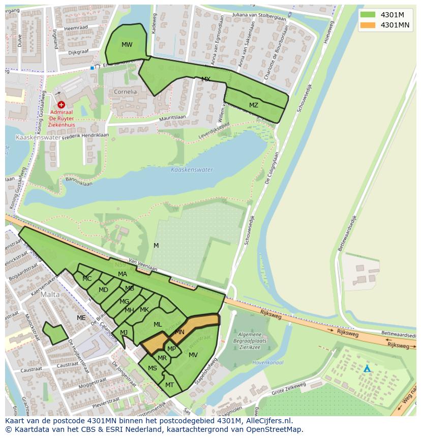 Afbeelding van het postcodegebied 4301 MN op de kaart.