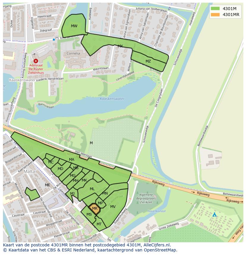 Afbeelding van het postcodegebied 4301 MR op de kaart.