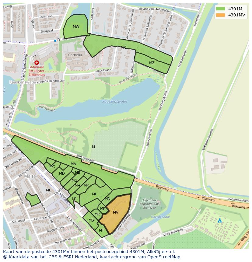 Afbeelding van het postcodegebied 4301 MV op de kaart.