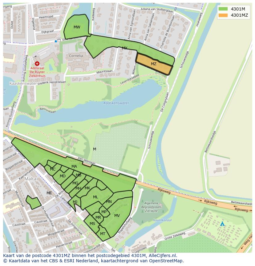 Afbeelding van het postcodegebied 4301 MZ op de kaart.