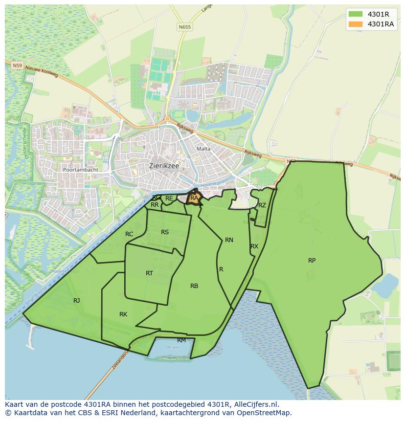 Afbeelding van het postcodegebied 4301 RA op de kaart.