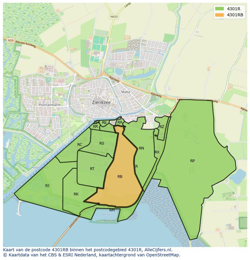 Afbeelding van het postcodegebied 4301 RB op de kaart.