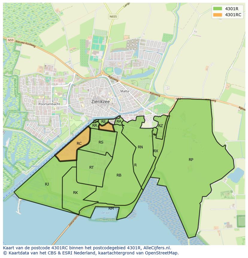 Afbeelding van het postcodegebied 4301 RC op de kaart.