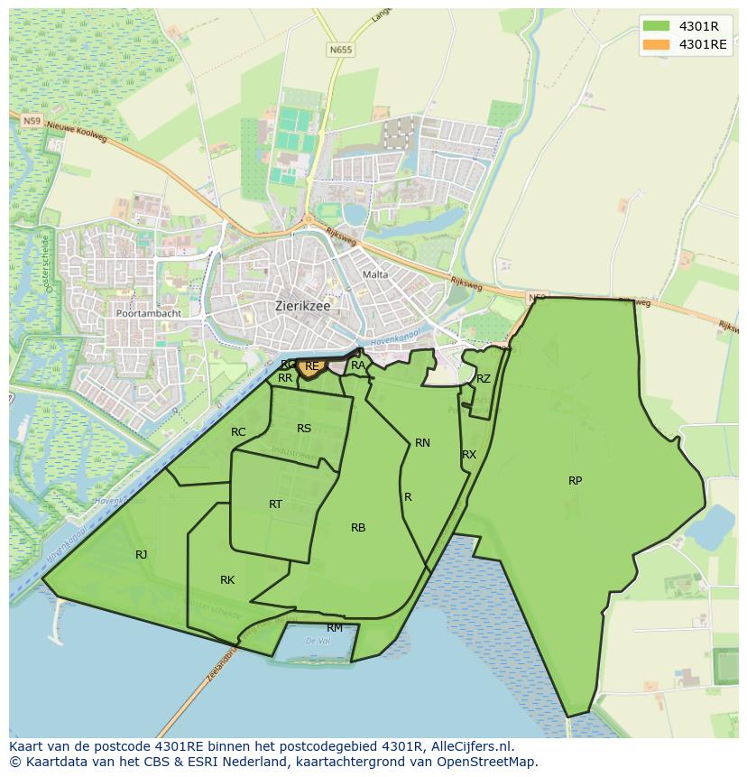 Afbeelding van het postcodegebied 4301 RE op de kaart.