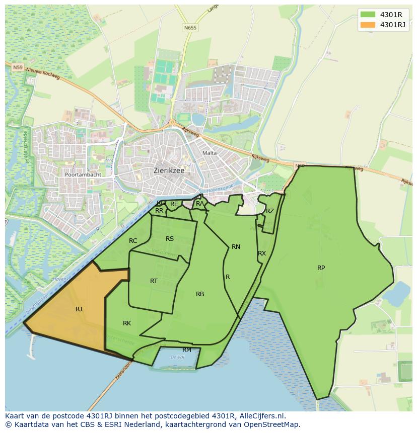 Afbeelding van het postcodegebied 4301 RJ op de kaart.