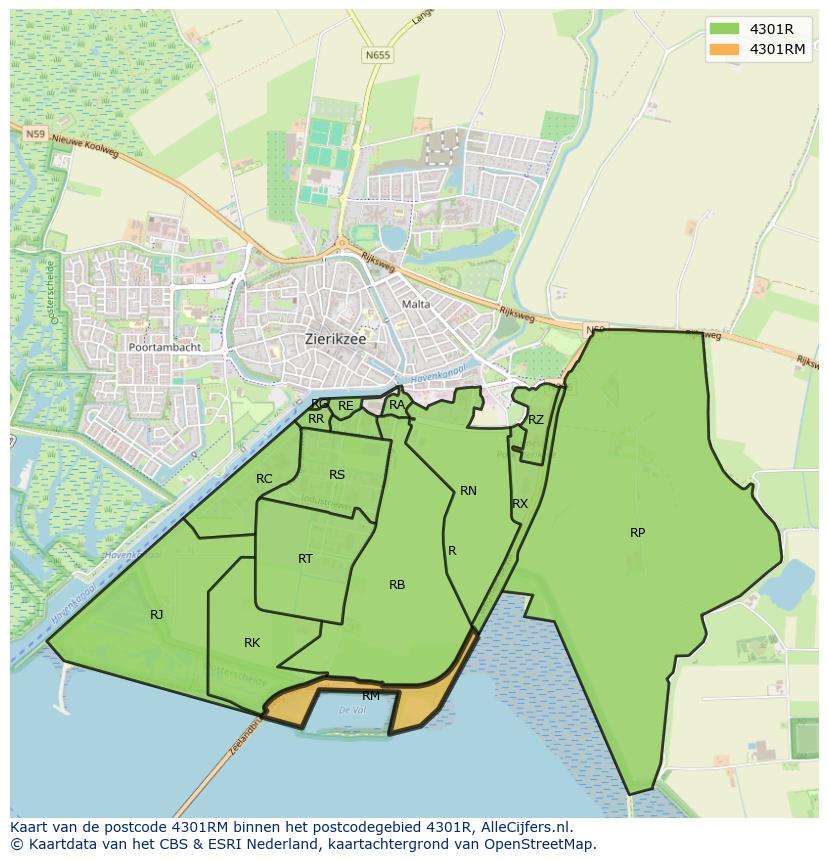 Afbeelding van het postcodegebied 4301 RM op de kaart.