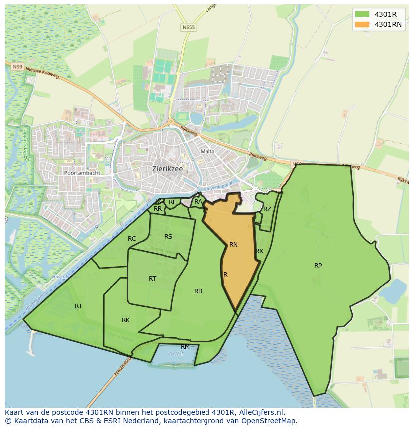 Afbeelding van het postcodegebied 4301 RN op de kaart.