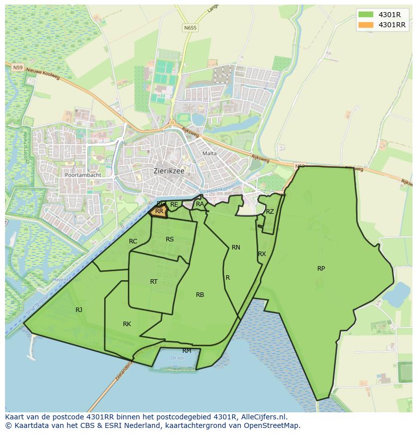 Afbeelding van het postcodegebied 4301 RR op de kaart.