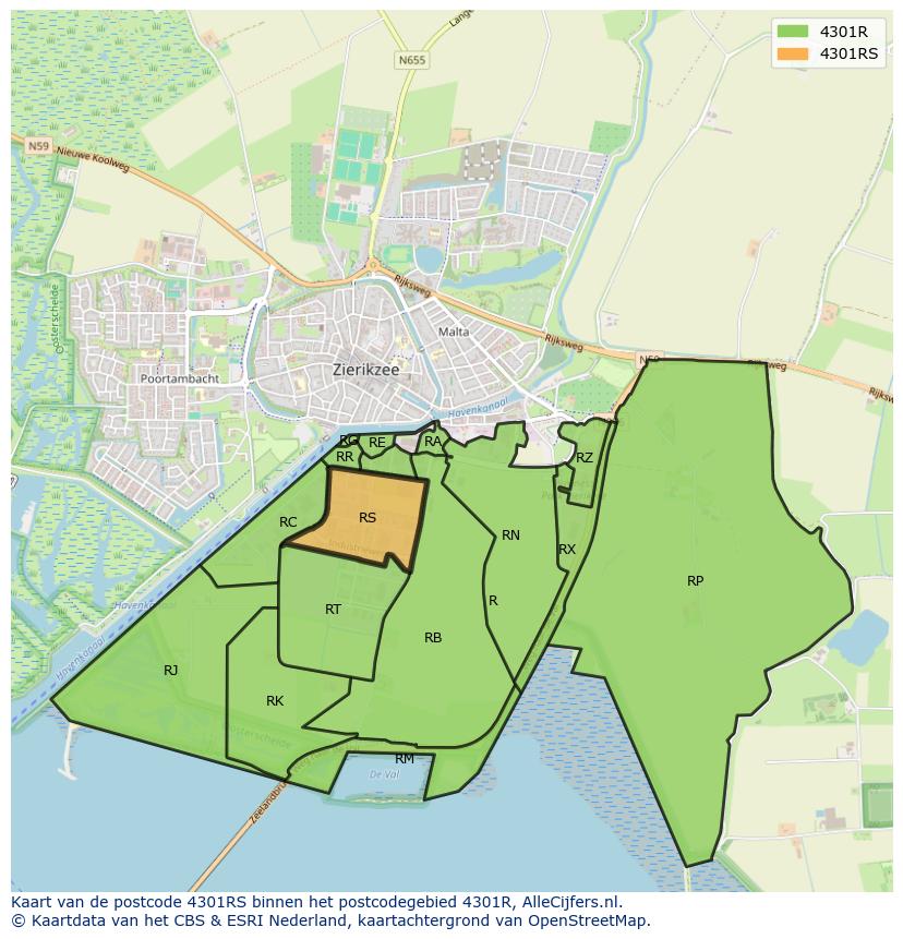 Afbeelding van het postcodegebied 4301 RS op de kaart.
