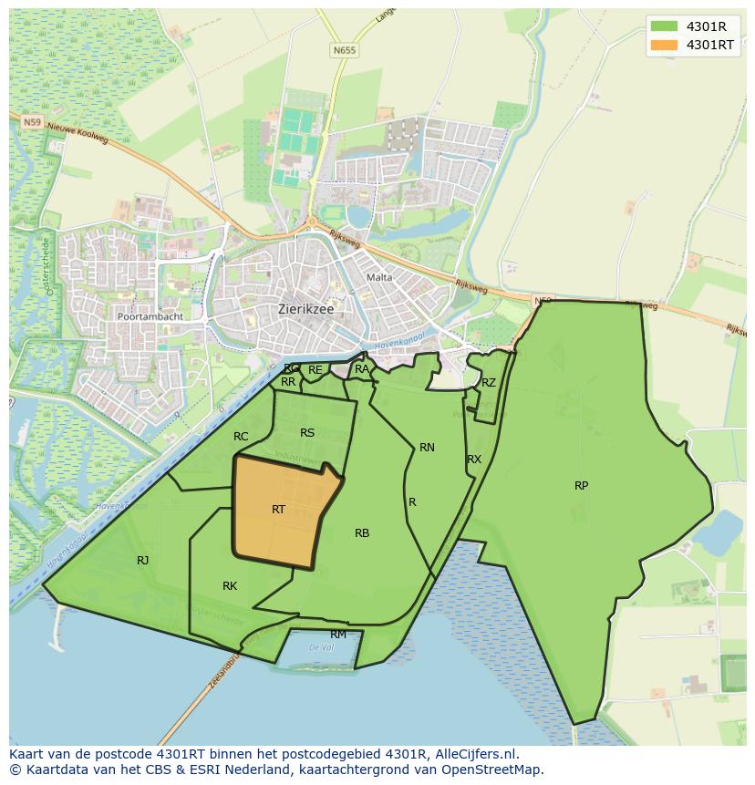 Afbeelding van het postcodegebied 4301 RT op de kaart.