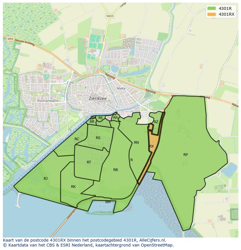 Afbeelding van het postcodegebied 4301 RX op de kaart.