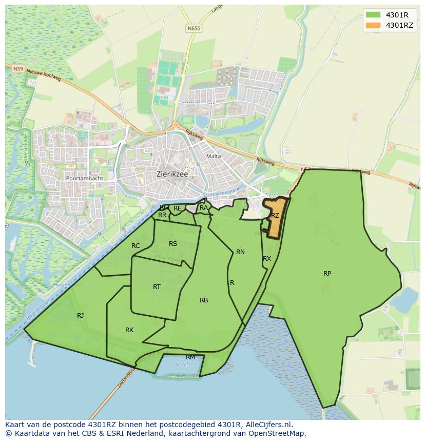 Afbeelding van het postcodegebied 4301 RZ op de kaart.