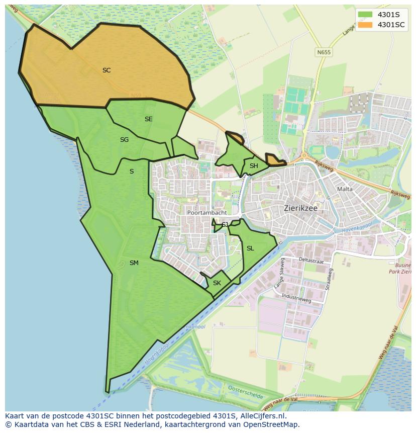 Afbeelding van het postcodegebied 4301 SC op de kaart.