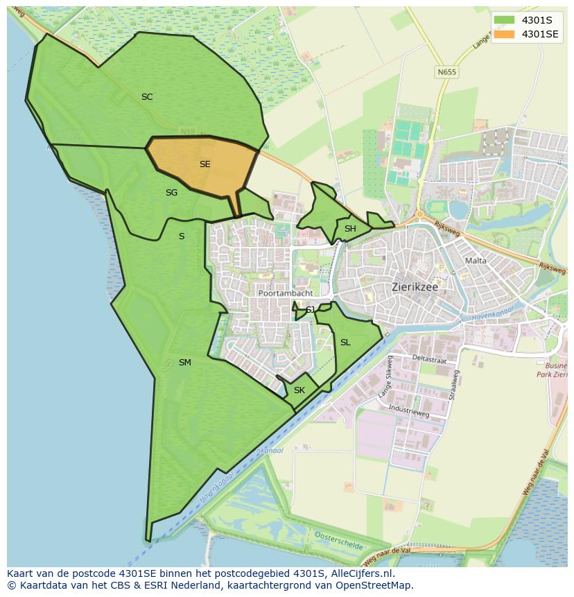 Afbeelding van het postcodegebied 4301 SE op de kaart.