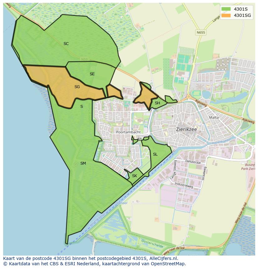 Afbeelding van het postcodegebied 4301 SG op de kaart.