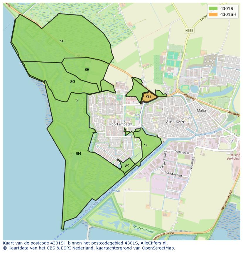 Afbeelding van het postcodegebied 4301 SH op de kaart.