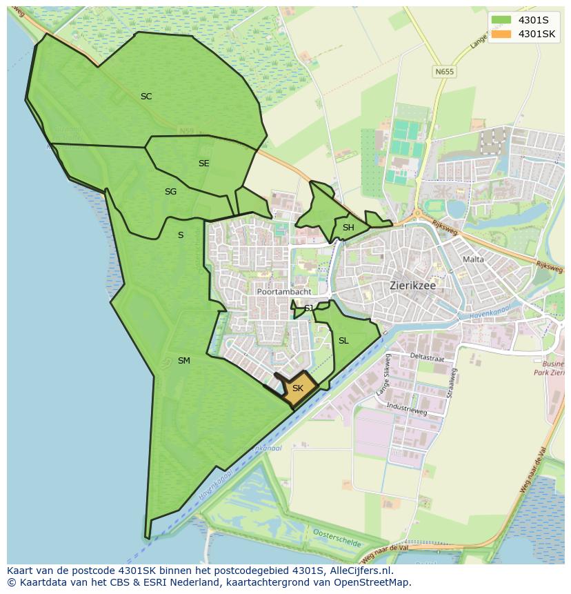 Afbeelding van het postcodegebied 4301 SK op de kaart.