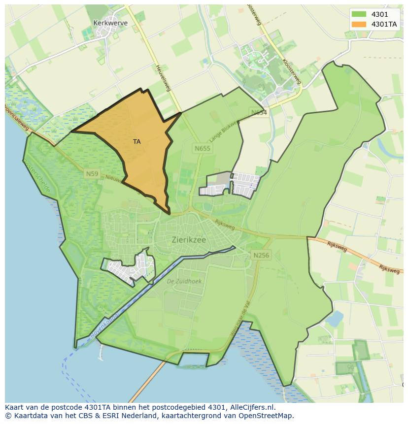 Afbeelding van het postcodegebied 4301 TA op de kaart.