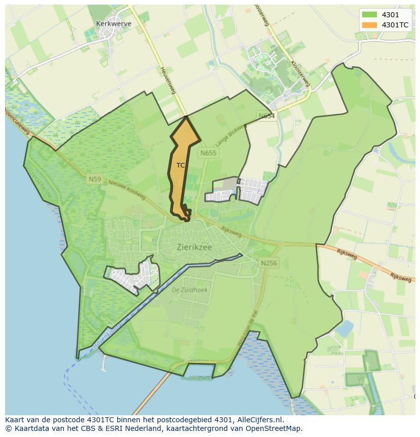 Afbeelding van het postcodegebied 4301 TC op de kaart.