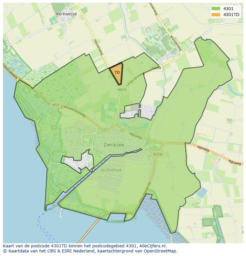 Afbeelding van het postcodegebied 4301 TD op de kaart.