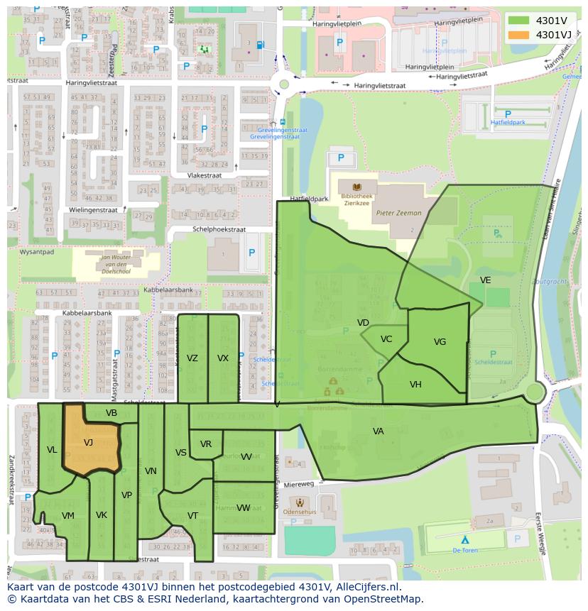 Afbeelding van het postcodegebied 4301 VJ op de kaart.