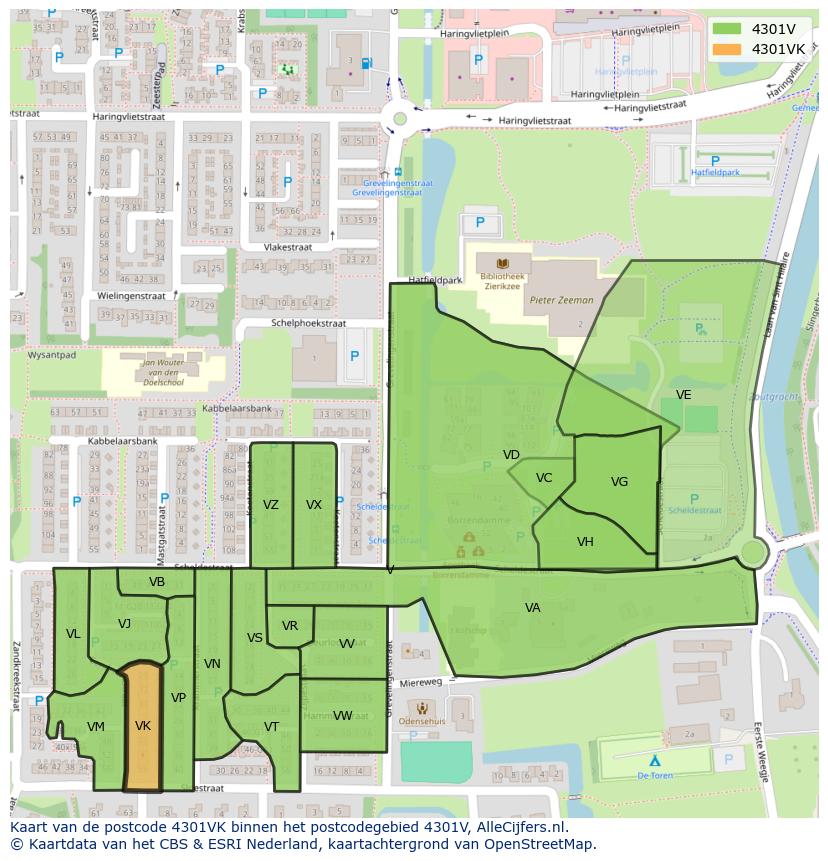 Afbeelding van het postcodegebied 4301 VK op de kaart.