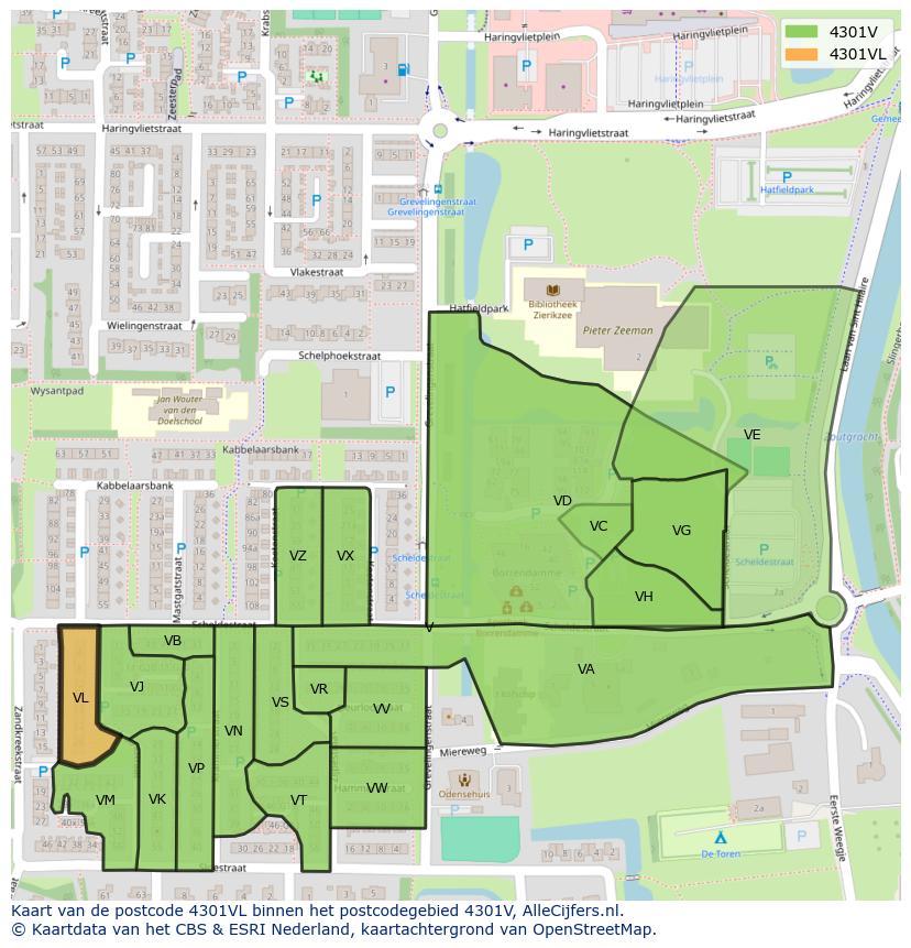 Afbeelding van het postcodegebied 4301 VL op de kaart.